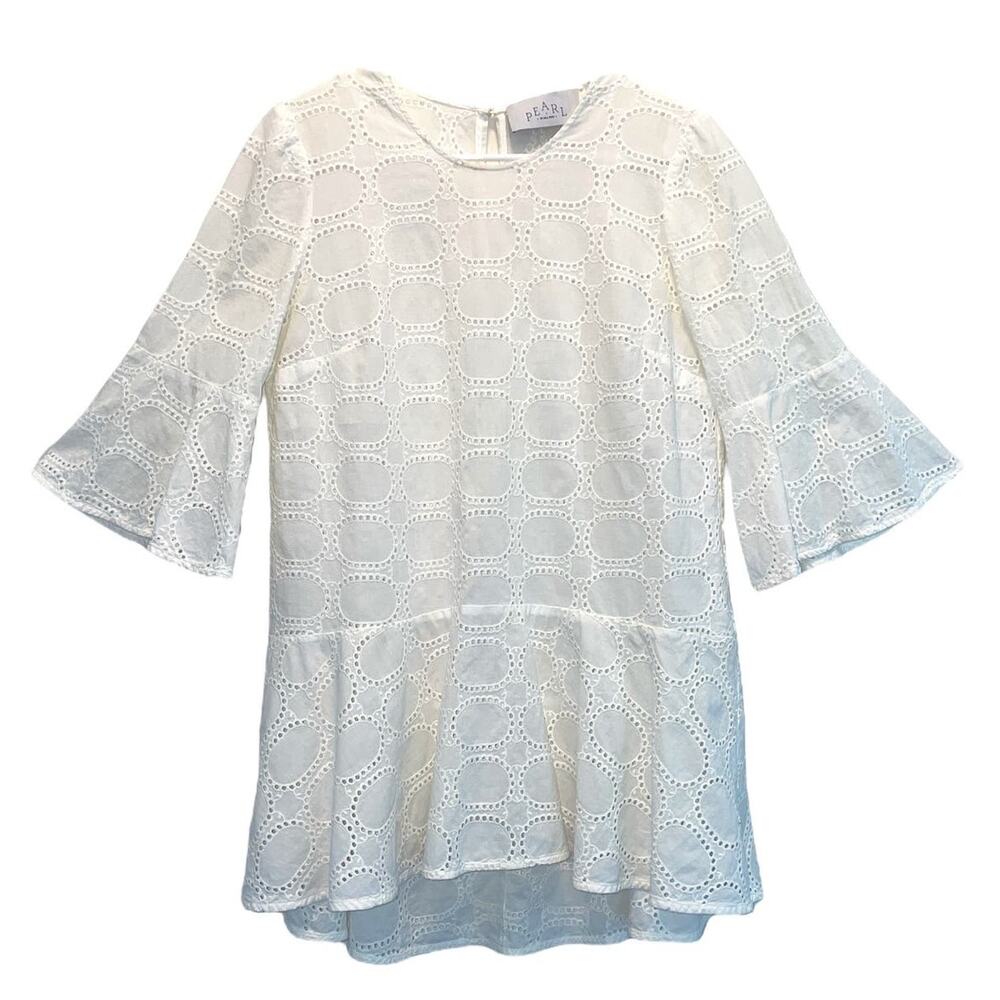 Pearl by Lela Rose White Cotton Eyelet Ruffle Bell Cuff Tunic Top size Small